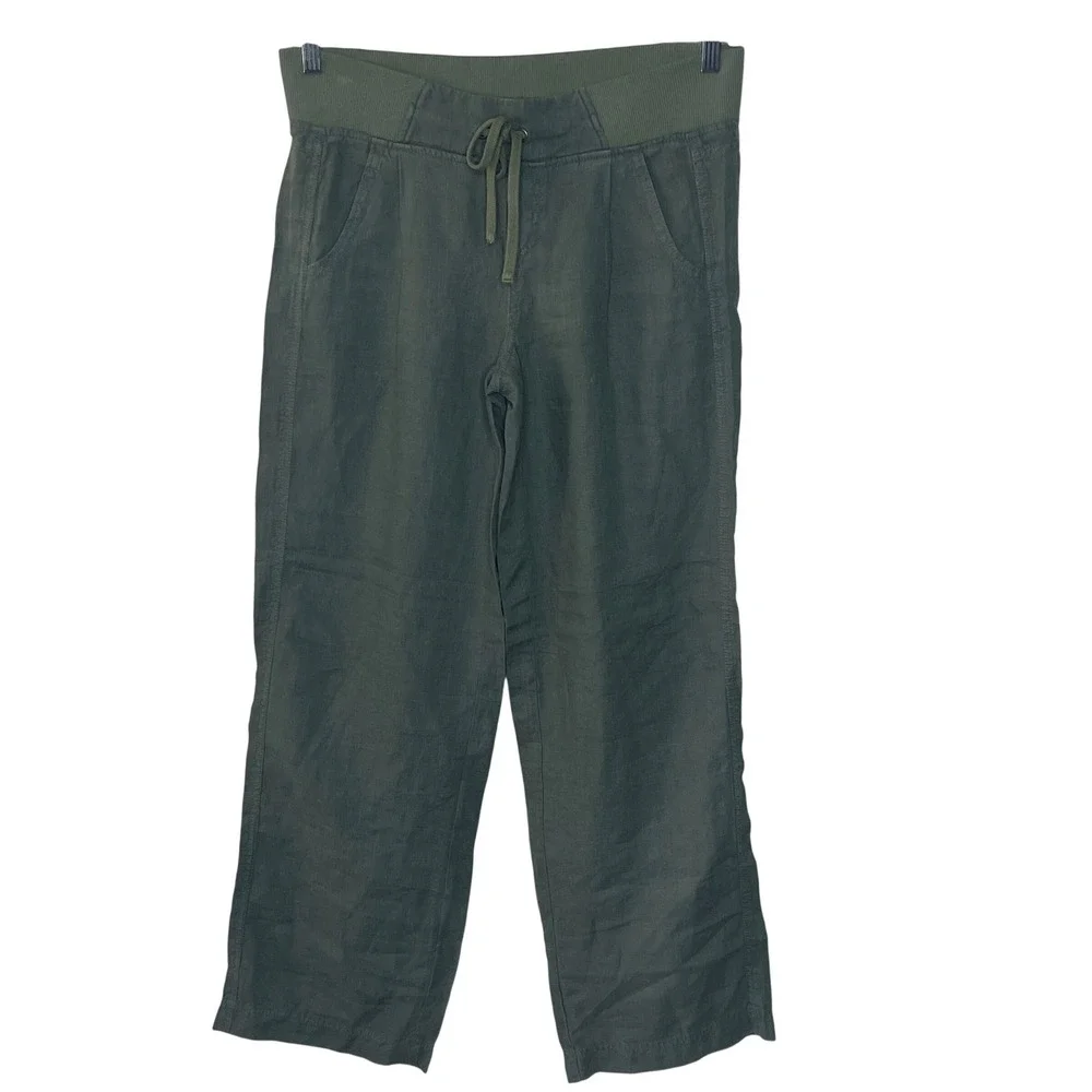 Athleta  Olive Green Linen Blend  Wide Leg ‎ Elastic Waist Drawstring Pants